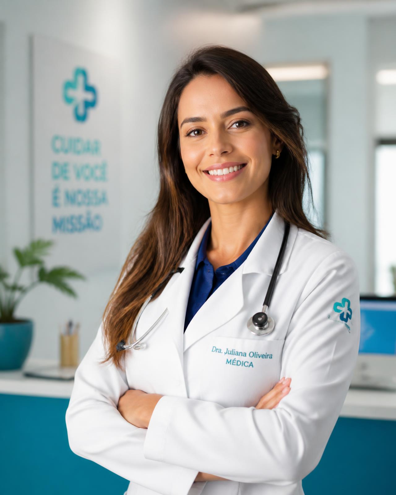 Profissional da saúde sorrindo em consultório moderno